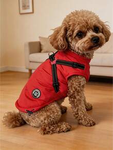 Dog Clothes Autumn/Winter Reflective Harness Back Zipper Design Pet Clothing Warm Jacket Adjustable Tail Small Dog Suitable - Red - Red - View 2