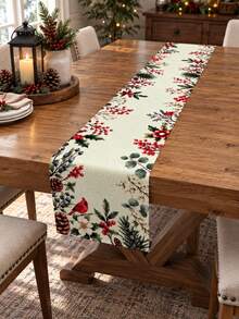Christmas Cardinal Bird Holly Red Berry Pinecone Print Table Runner, Vintage Botanical Fabric Table Runner, Xmas Holiday Dining Table Decoration - Christmas Pine Cone Print - View 7
