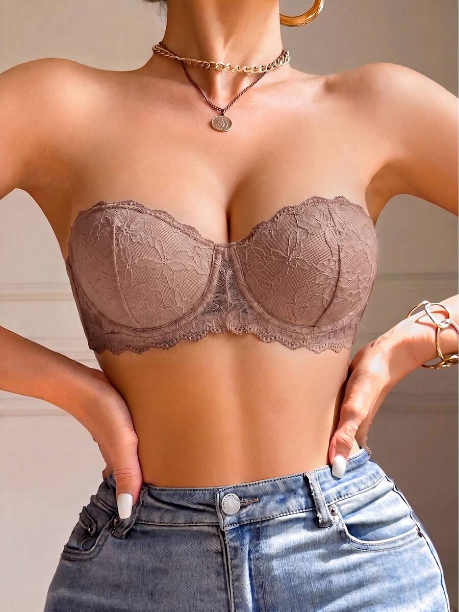 Women's Bandeau Lace Lining Push-Up Bra, Removable Straps, Supportive & Comfortable, Fashionable For Daily Wear And Occasions