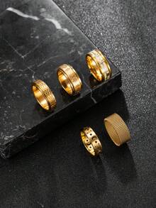 Hipoem 5pcs Fashion Stainless Steel Men's Rings Set With Mesh, ECG, Star And Moon Pattern Elements, Suitable For Daily Wear, Dating, Halloween Jewelry - Gold - View 2