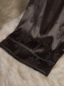 Women's Autumn/Winter Striped Bow Jacquard Satin Patch Pocket Front Button Long Sleeve Long Pants Pajama Set - Black - View 5