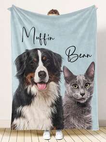 1pc Customized Pet Photo Blanket, Personalized Dog Portrait Throw With Name, Pet Photo Fleece Blanket, Soft Comfortable Sofa Bed Bedroom Blanket, Custom Pattern Printed Pet Lover Gift, Birthday Gift Home Decor - Multicolor - View 3