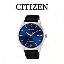 CITIZEN Men's Automatic Mechanical Watch Silver Case Sunburst Blue Dial Date Window Black Croc-Embossed Leather Strap Classic Business Men Watch - Black - View 6