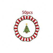 10/20/50pcs Christmas Tree Wavy Edge Disposable Paper Plates, 7 Inch And 9 Inch, Red And White Striped Fan Edge Christmas Dinner Plates, Christmas Eve Family Dinner, Holiday Office Party, Winter Solstice Dinner Tableware - Multicolor - View 10