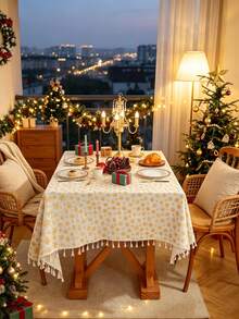 1pc Christmas Tablecloth, Christmas Gold Foil Bell Design, Rectangular Tablecloth, Beige Tassel Decoration, Coffee Table, Bedside Table, Cabinet, Small Table Cover, Tabletop Decor, Holiday, Party Decoration, Suitable For Kitchen, Dining Room, Gathering, Dining, Holiday, Party, New Year Decoration, Christmas Decoration, Gift, Merry Christmas - Yellow - View 3