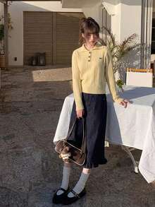 Women's Lazy Turn-Down Collar Cable Knit Loose Embroidered Vintage Sweater, Commuter Versatile Slimming Top - Yellow - View 3