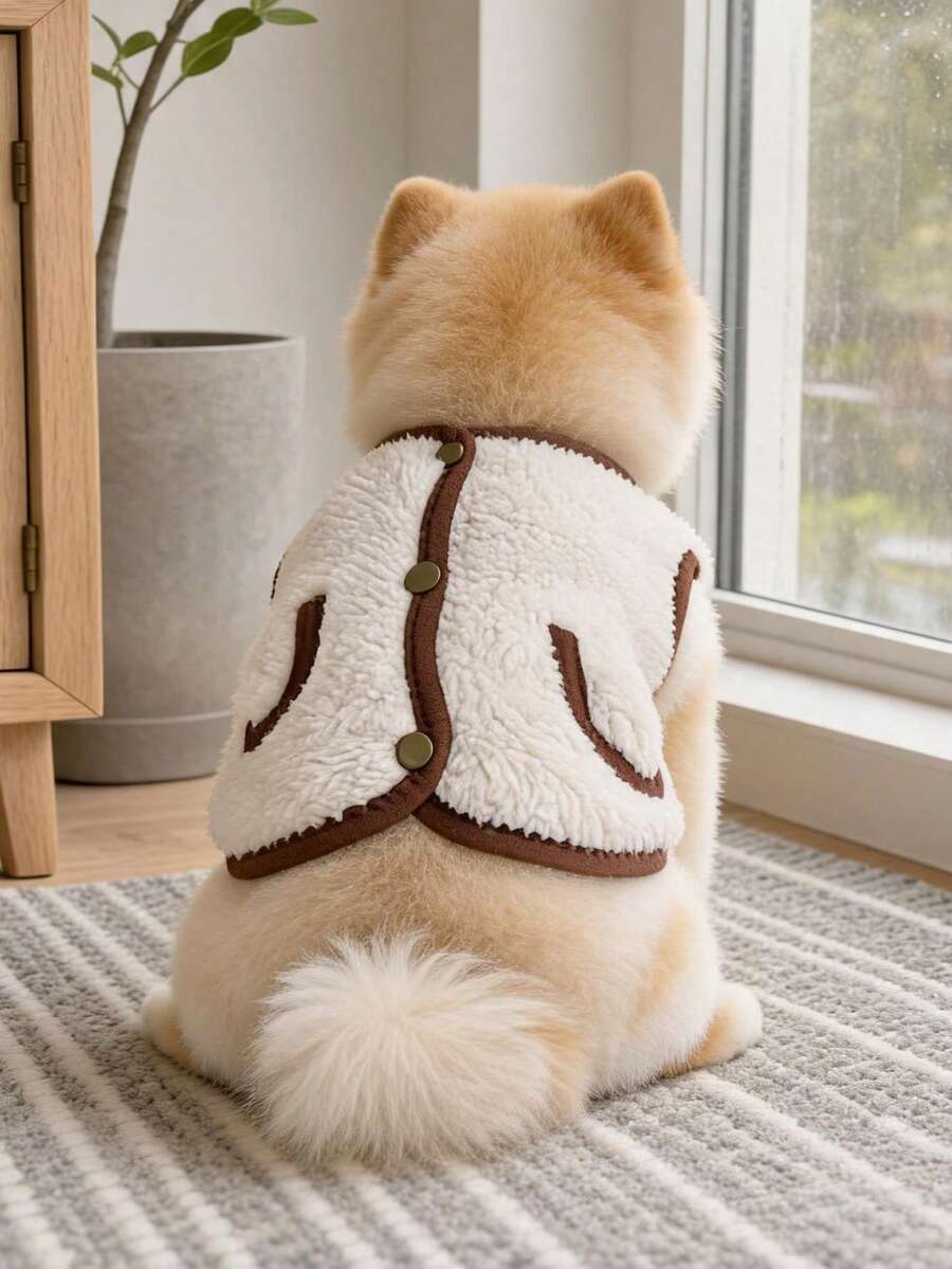1pc Pet Clothes Dog Cat Apparel Cute Pet Autumn Winter Warm Soft Skin-Friendly Fleece Vest - Coffee Color Trim - Multicolor - View 1