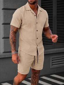 Men's Casual Short Sleeve Single-Breasted Shirt And Drawstring Waist Pocket Shorts Beach Set - Mocha Brown - View 1