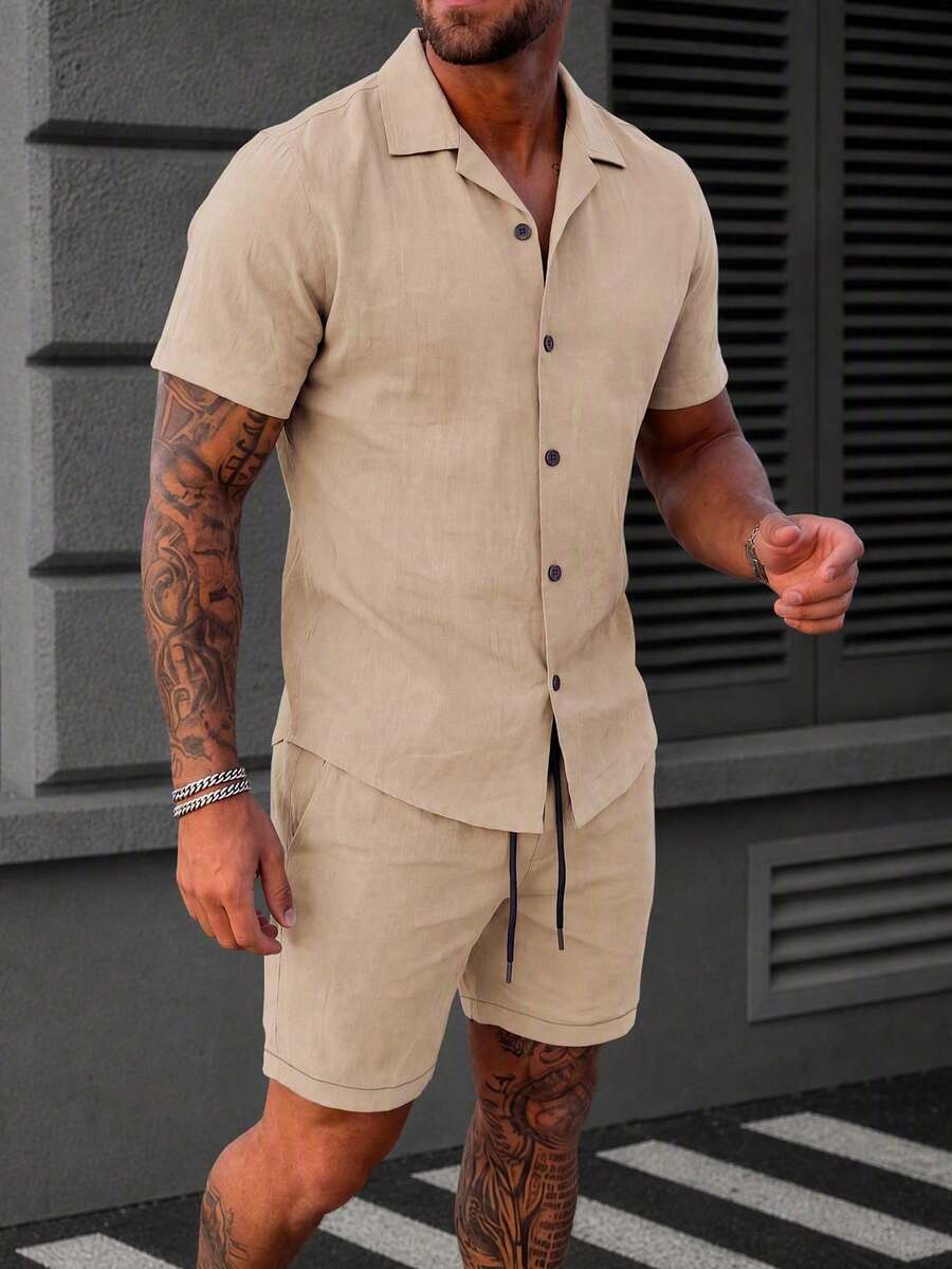 Men's Casual Short Sleeve Single-Breasted Shirt And Drawstring Waist Pocket Shorts Beach Set - Mocha Brown - View 1