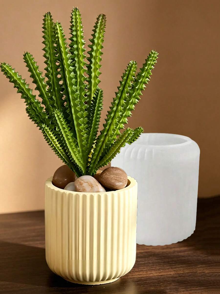 Minimalist Vertical Striped Silicone Mold, Reusable Handmade Casting Tool, Suitable For Making Flower Pot, Vase, Cosmetic Brush Storage Jar And Scented Candle Cup, Perfect For Epoxy Resin, Plaster, Cement Craft, Modern Home Table Decor Accessories - White - View 1