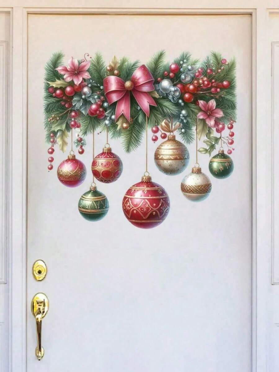 1pc Classic Christmas Door Sticker Bow Christmas Ball Wall Decal Self-Adhesive Living Room Sticker Bedroom Sticker Home Decor Room Decor Bedroom Decor Kitchen Decor Wall Sticker - Red - View 1