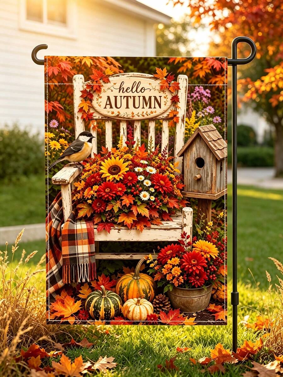 Autumn Maple Leaf, Pumpkin And Floral Pattern Welcome Garden Flag (2D Flat) "Hello Autumn" Printed Outdoor Garden Flag, For Porch Decoration, Garden Outdoor Yard Decor, Thanksgiving Decoration Essential, Add Festive Atmosphere Decoration, Flag Pole Not Included, Single-Sided Printing - Multicolor - View 1