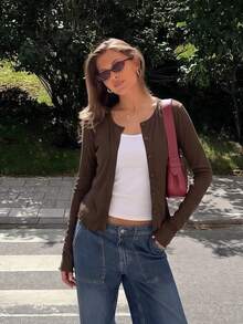 Fashionable Cardigan Button-Up Top Slim Fit Long Sleeve Scalloped Hem T-Shirt For Women - Brown - View 3