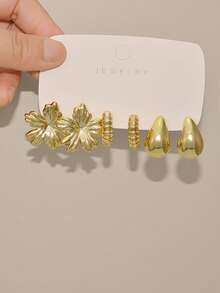 6/18pcs Gold Flower Earrings Set, Textured Water Drop C-Shaped Hoop Earrings, Metallic Mixed Layering Style, Women's Daily Party Fashion Jewelry Gift - Gold - View 13