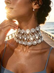 1pc Asymmetrical Rhinestone Double Row Oval Necklace, Suitable For Bridal Wedding Jewelry Necklace Accessory - Silver - View 1