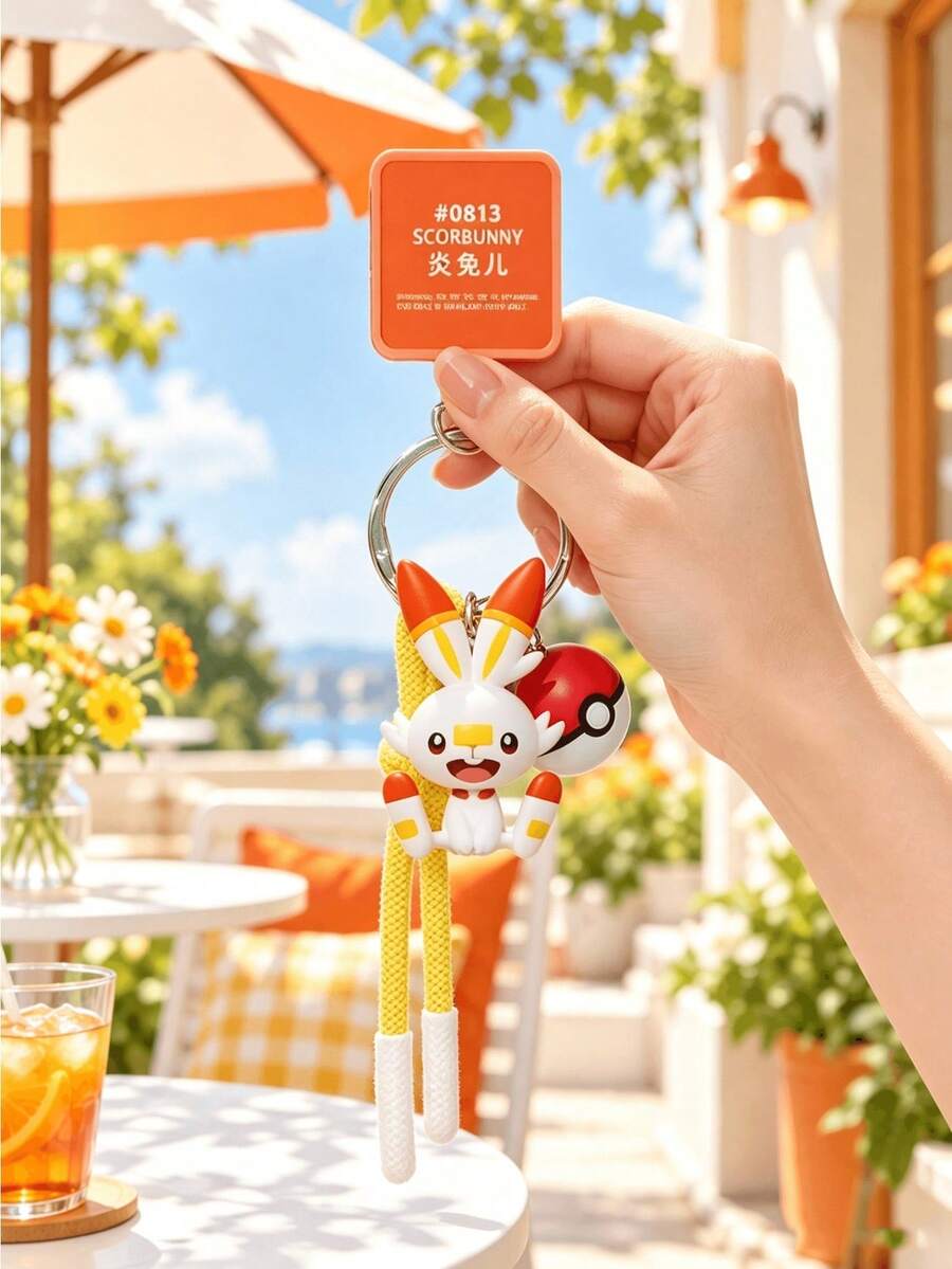 MINISO Pokemon Scorbunny Character Keychain With Pokeball Charm And Yellow Rope Strap For Handbag Backpack Keys, Birthday Christmas Gift - Style 1 - View 1