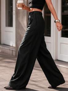 Celana Panjang Wanita Model Lurus Bahan Polyester, Dekorasi Kancing, Tidak Melar, Tidak Transparan, Cocok untuk Acara Formal Musim Gugur, Hitam - Hitam - View 6