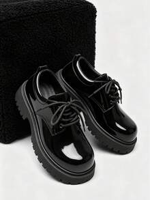 Men's Black Shiny Leather Thick Sole Round Toe Lace-Up Height-Increasing Casual Work Shoes, Plus Size 37-46 - Black - View 1
