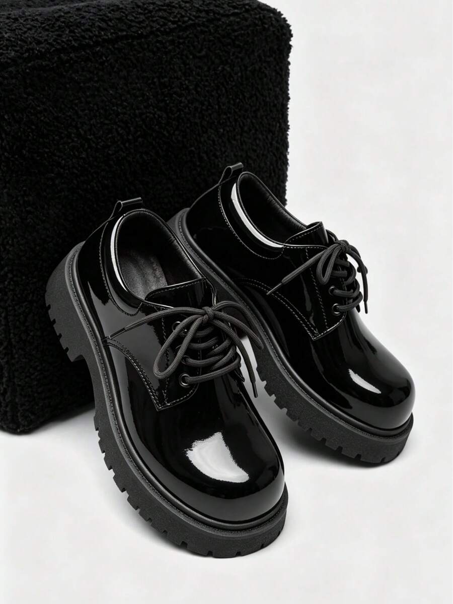 Men's Black Shiny Leather Thick Sole Round Toe Lace-Up Height-Increasing Casual Work Shoes, Plus Size 37-46 - Black - View 1