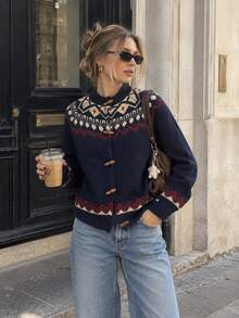 Women's Festive Jacquard Knitted Cardigan Sweater Boho Long Sleeve Stand Collar Regular Fit Top For Fall Winter - Multicolor - View 4