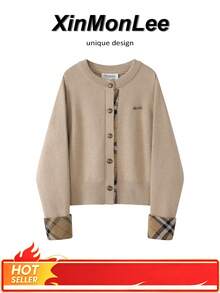 Knitted 2 In 1 Plaid Cardigan Slimming Sweater Button-Up Jacket For Evening Date, Campus, Vacation, Daily Wear, Autumn/Winter - Khaki - View 1