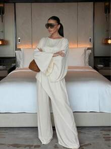 Women's Elegant Long Sleeve Round Neck Woven Jumpsuit - Apricot - View 5