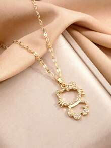 SANRIO 1pc, Cartoon Anime Character Hello Kitty Cute Hollow Pendant Necklace - Gold - View 3