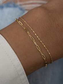 2pcs/Set 18K Gold Plated Waterproof Stainless Steel Two Minimalist Bracelets Delicate Bracelet Link Chain Bracelet Pins Chian Bracelet Gift For Her - Gold - View 1