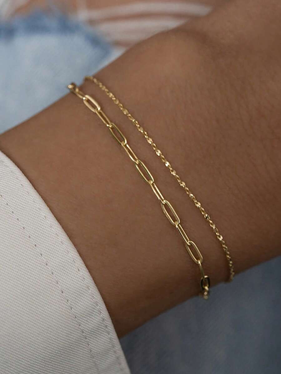 2pcs/Set 18K Gold Plated Waterproof Stainless Steel Two Minimalist Bracelets Delicate Bracelet Link Chain Bracelet Pins Chian Bracelet Gift For Her - Gold - View 1