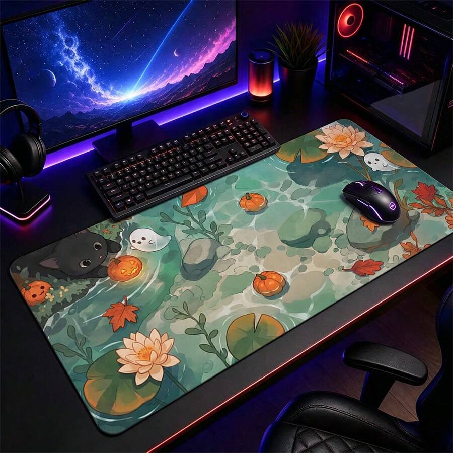 1pc Halloween Black Cat Ghost And Pumpkin Pond Print Extended Mouse Pad, Autumn Maple Leaf And Lotus Keyboard Desk Mat, Cute Desktop Decor - View 1