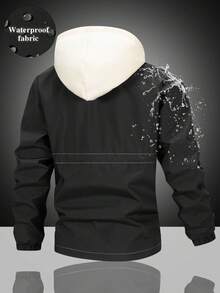Men's Adjustable Hood Drawstring Elastic Ribbed Cuffs Outdoor All-Scenario Suitable Colorblock Hooded Jacket Contrast Stitching Multi-Pocket Design Windproof Durable Woven Fabric - Black - View 2