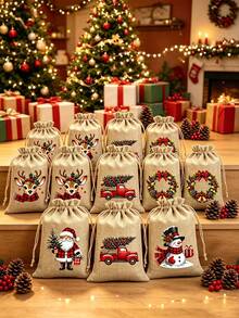 5pcs/1pc Christmas Burlap Gift Bags, Drawstring Closure With Hemp Rope, Suitable For Christmas Party Favors, Birthday Gifts, Christmas Tree Decoration, Christmas, New Year, Wedding, Birthday, Baptism, Fireplace Decoration - A - View 1
