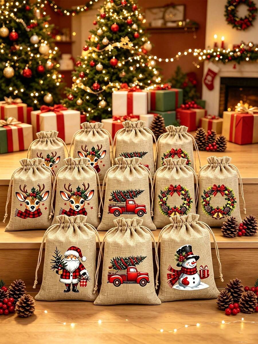 5pcs/1pc Christmas Burlap Gift Bags, Drawstring Closure With Hemp Rope, Suitable For Christmas Party Favors, Birthday Gifts, Christmas Tree Decoration, Christmas, New Year, Wedding, Birthday, Baptism, Fireplace Decoration - A - View 1