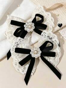2pcs White Lace Girls Hair Accessories Elegant Pearl Flower Bow Hair Clips Black Velvet Bow Hair Clips With Tail Rhinestone Hair Clips For Daily And Wedding Children Hair Accessories - Black - View 1