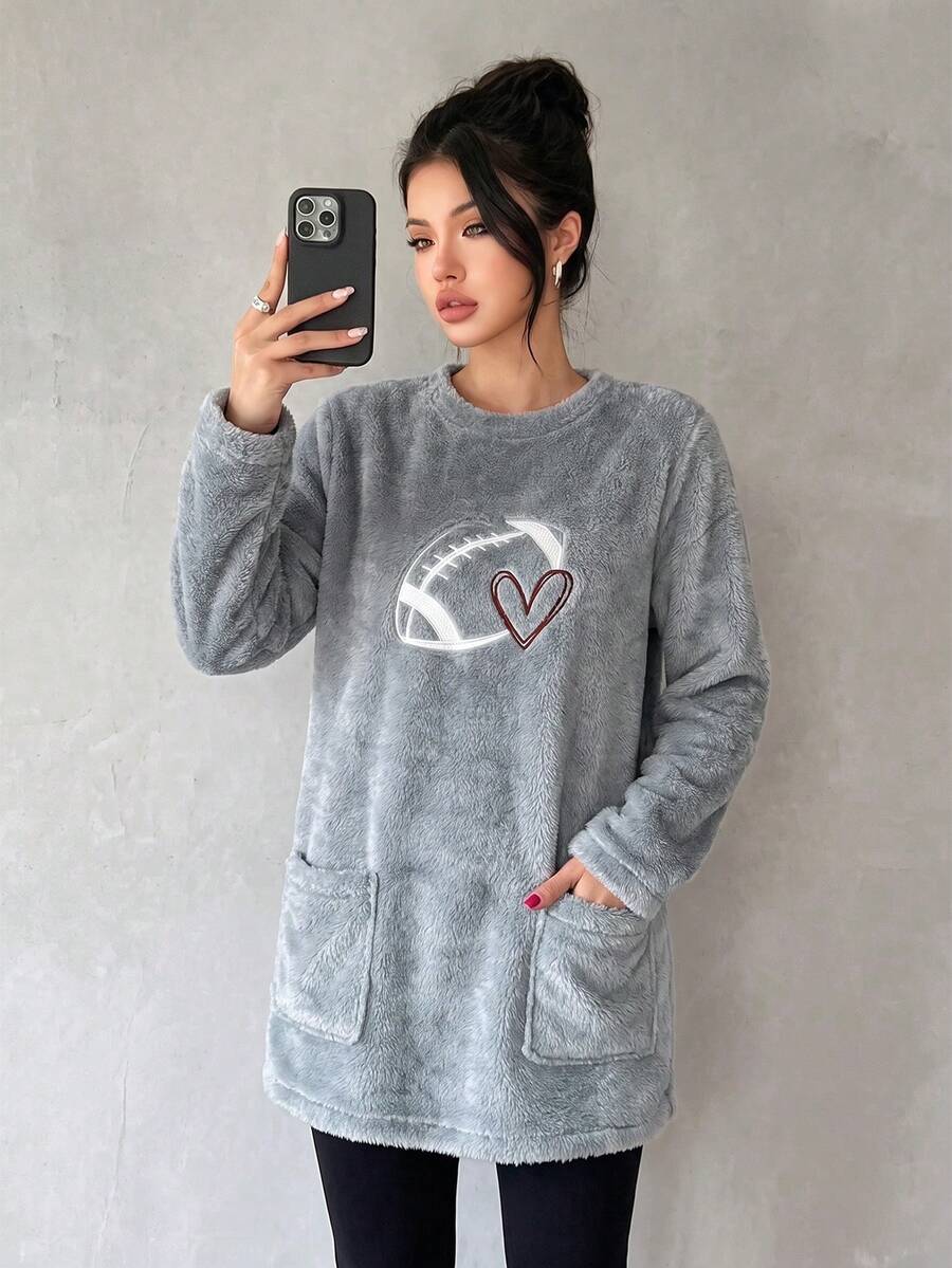SUNSTORY Women's Winter Grey Crew Neck Rugby Heart Embroidery Long Plush Top, Casual Slouchy, Suitable For Home, Daily Outings, Watching Sports, Binge-Watching, Shopping - Dusty Blue - View 1