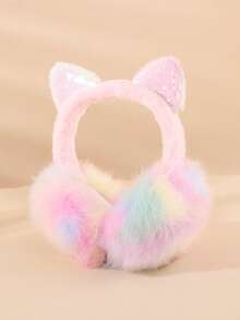 1pc Rainbow Fuzzy Children Ear Muffs, Cute Sequin Cat Ear Girls Headband Earmuffs, Lightweight Ear Warmers For Daily Outdoor Use - Multicolor - View 1