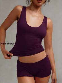XLLAIS Summer Fashionable Sexy Solid Color U-Neck Sleeveless Fitted Stretchy Casual Sports Tank Top - Purplish-red - View 7