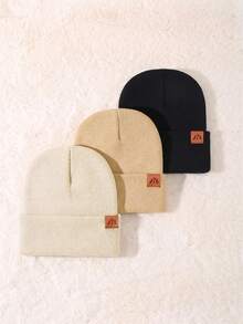 3pcs Unisex Mountain Logo Winter Knit Beanies, Solid Color Brimless Hats, Winter Apparel - Multicolor - View 1