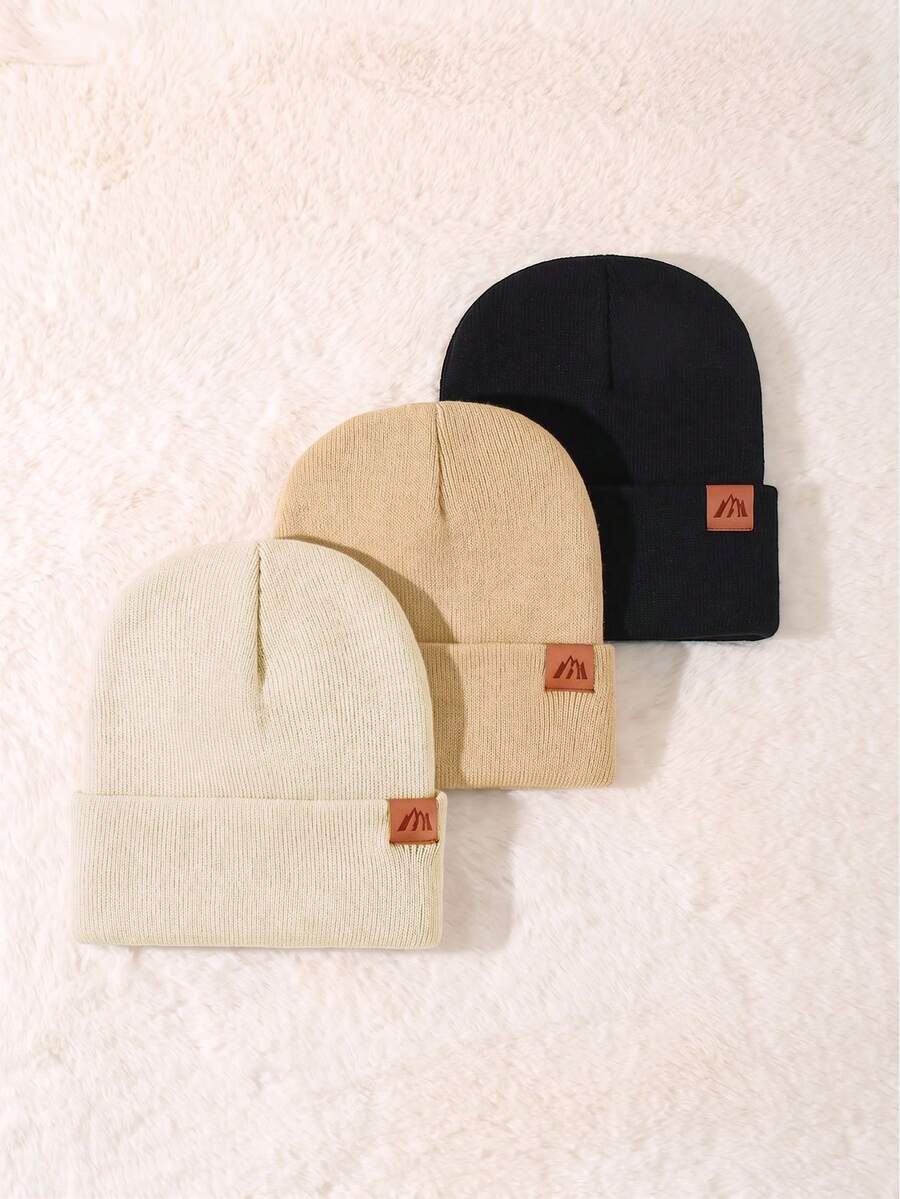 3pcs Unisex Mountain Logo Winter Knit Beanies, Solid Color Brimless Hats, Winter Apparel - Multicolor - View 1