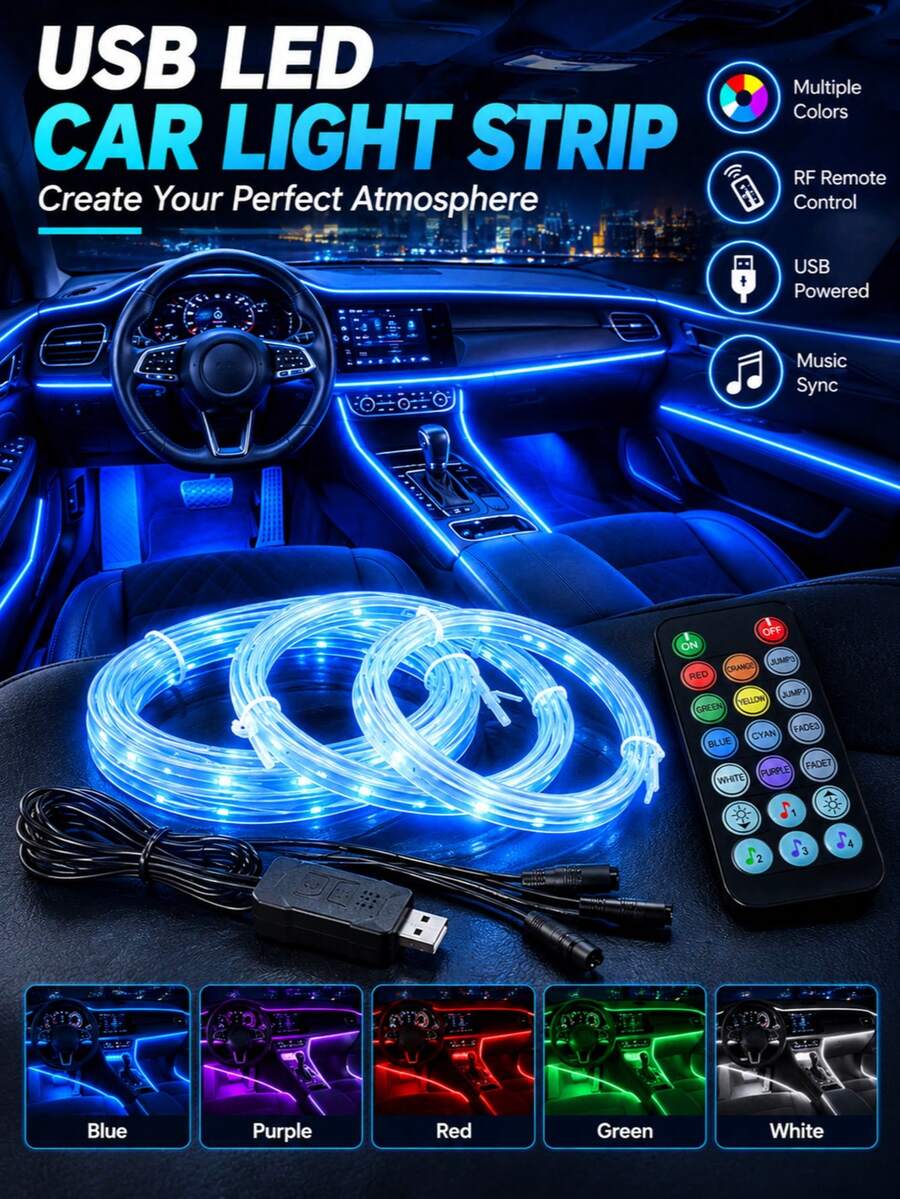 RGB Car Interior Light USB Powered LED Strip, With Remote Control, Voice Activation And Fiber Optic Effect, Automotive Interior Ambient Lighting