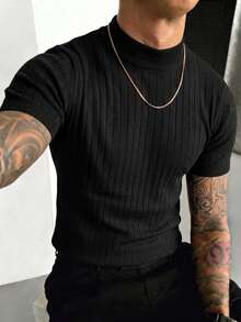Men's Classic Half-High Neck Ribbed Short Sleeve Knit Sweater, Perfect For Summer Outings, Fashion Essential - Black - View 3