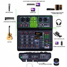 4-Channel 256DSP DJ Mixer USB Audio Mixer MP3 Computer Mixer + 48V Phantom Power Suitable For Karaoke Home Stage Recording - Black - View 9