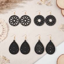 4 Pairs Vintage Fashion Hollow Floral Wooden Earrings Set - Earrings - View 3