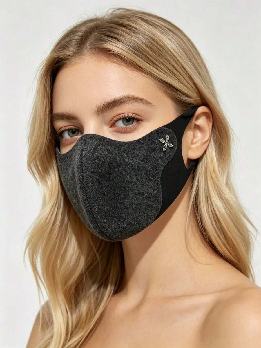 1 st varm ansiktsmask i ull med strass och fyrklöverdekor, vind- och koldsäker, mjuk elastisk mask med öglor för öronen, för utomhusbruk och dagligt bruk under höst/vinter - Multifärgad - Visa 1