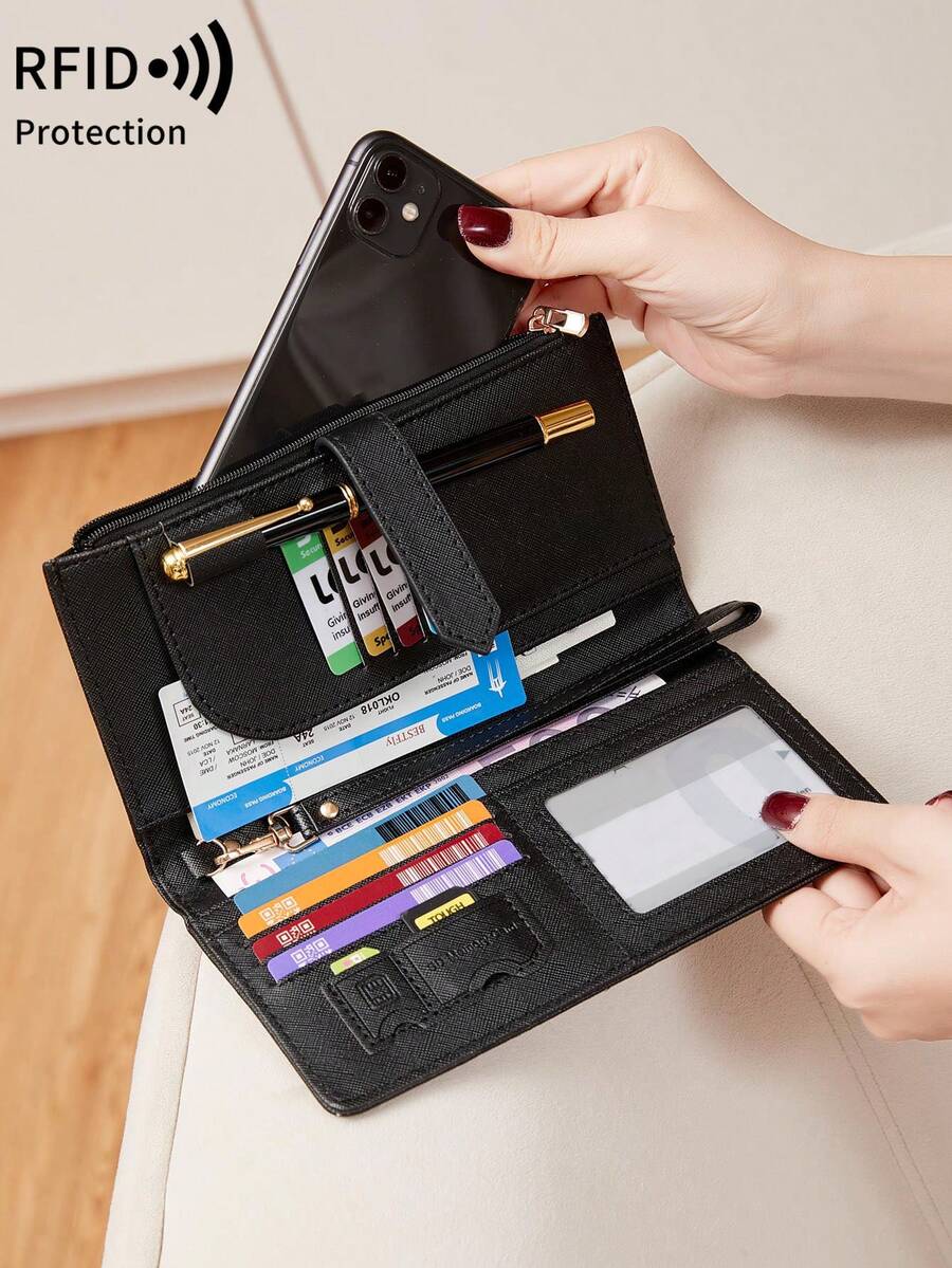 FOREVER MIYIN Ultra Slim Women Wallet RFID Blocking Credit Card Holder, Bifold Long Ladies Billfold, Large Capacity Pen Slot, Wrist Strap & ID Window, Holds Phone