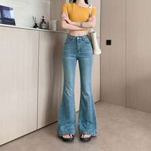 女款復古喇叭修身彈性牛仔褲，寬鬆休閒顯瘦長褲 - 藍色 - 查看 4