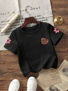 Baby Girl Minimalist "Mommy's Girl" Letter Print Round Neck Short Sleeve Cute Top - Black - View 4