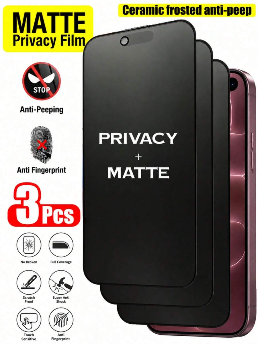 3pcs Matte Ceramic Privacy Screen Protector, Anti-Peeping Privacy Accessory, Anti-Glare Anti-Fingerprint Film, Suitable For Phone Cases, Easy Installation, Bubble-Free, Smooth Fit, Compatible With IPhone Duo/18/17 E/17 Pro Max/17 Pro/17 Air/16/15/14 Plus/13 Mini/12/11 Series - 3PCS - View 1