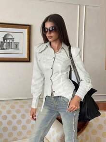 Women's Fashion Striped Shirt, Contrast Trim Asymmetrical Hem, Long Sleeve Button Front Polyester Blouse, Perfect Choice For Autumn - White - View 8