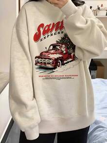 American Vintage Santa's Express Christmas Theme Sweatshirt, Casual Versatile Distressed Truck & Christmas Tree Graphic Crew Neck Autumn Top - White-gray - View 1